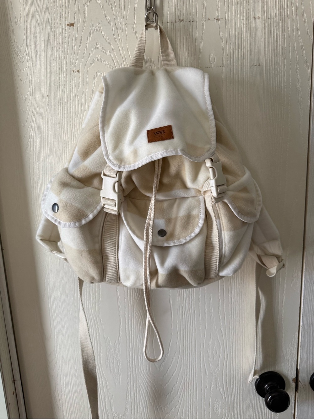 Vans Cream Plaid Drawstring Flap Backpack with Front Pockets